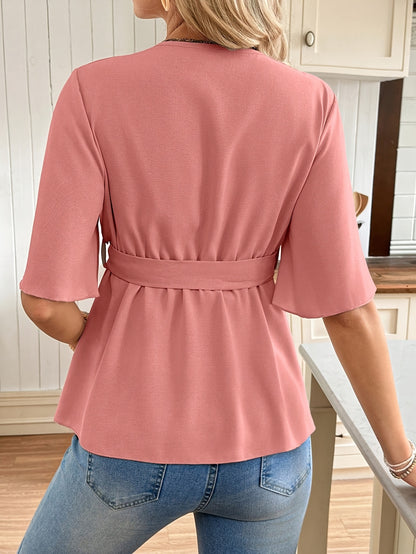 Effortless Maternity Wrap Blouse for Women with V Neck Flutter Sleeve Tie Waist Peplum Style