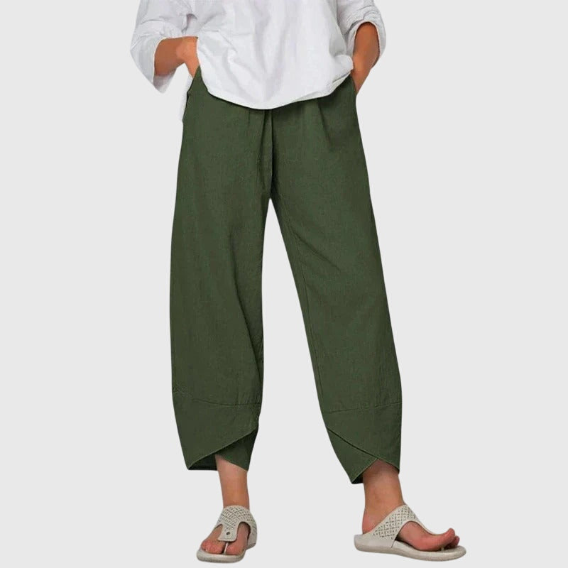 Effortless Navy Linen Tapered Pants for Women with High Waist Drawstring Cropped Relaxed Casual Style
