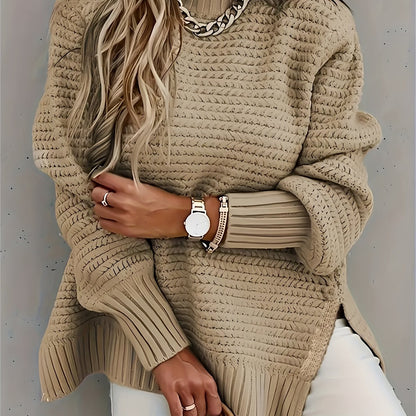 Comfortable Textured Knit Sweater for Women with Mock Neck Long Sleeve Ribbed Cuff Relaxed Oversized Style