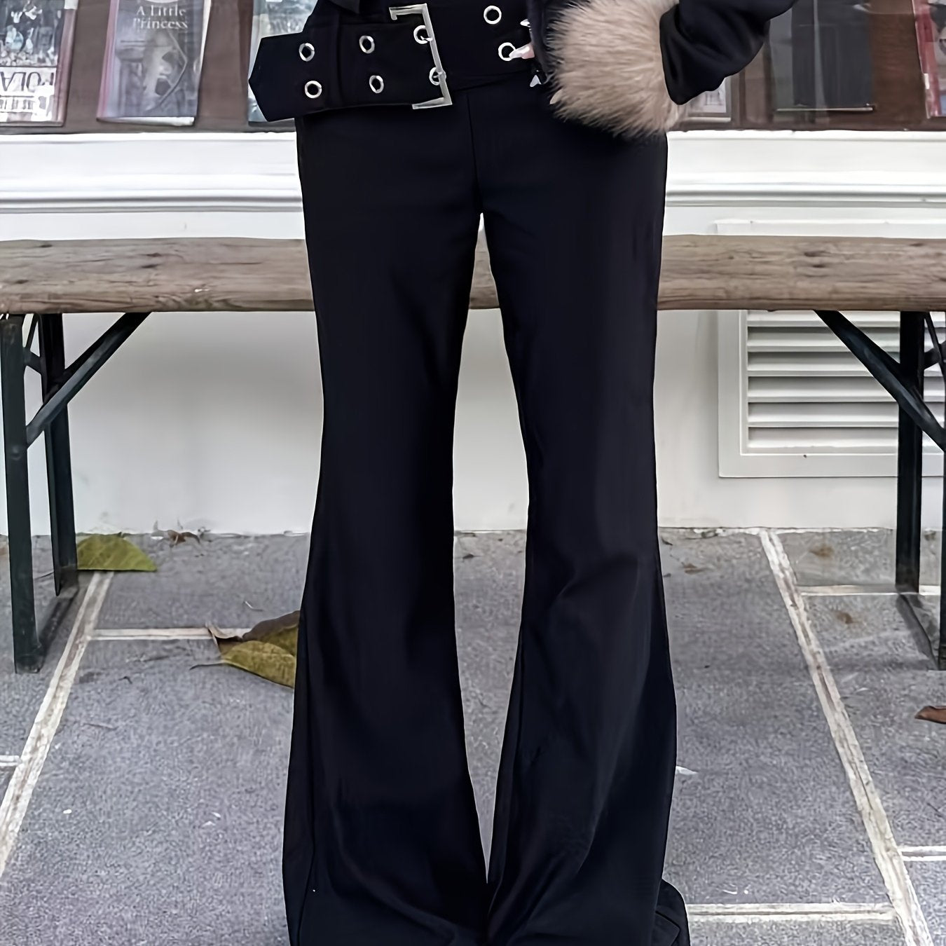 Elegant Black Buckle Jeans for Women with High Waist Grommet Flare Leg Relaxed Style