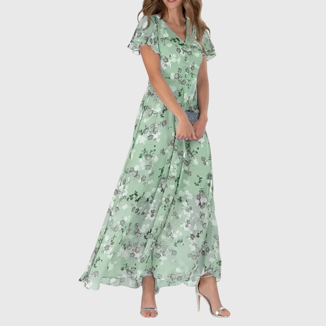 Elegant Floral Maxi Dress for Women with V Neck Ruffle Short Sleeve Chiffon Flowy Style