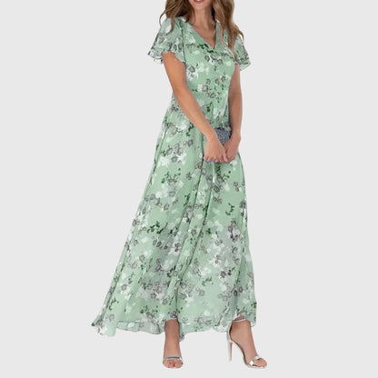 Elegant Floral Maxi Dress for Women with V Neck Ruffle Short Sleeve Chiffon Flowy Style