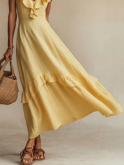 Effortless Yellow Sundress for Women with Ruffle V Neck Tiered Hem Sleeveless Linen Casual Maxi Style