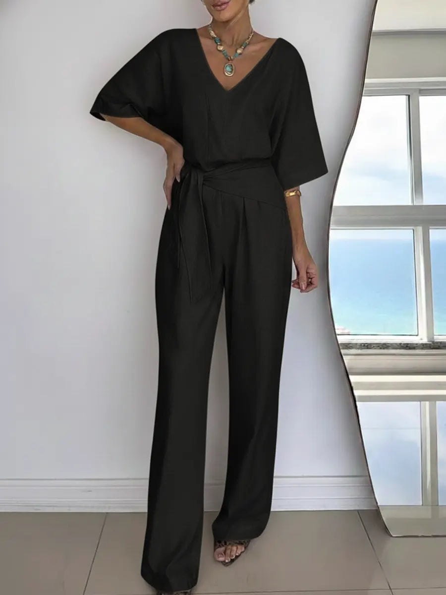 Effortless Linen Jumpsuit for Women with V Neck Half Sleeve Wide Leg Tie Waist Relaxed Style