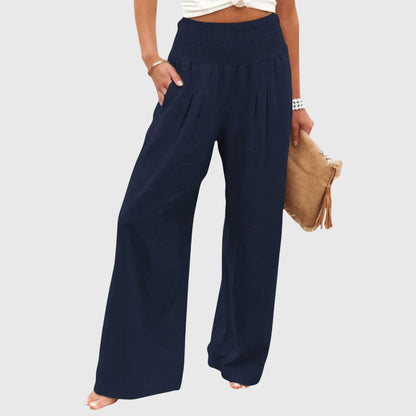 Effortless Black Linen Wide Leg Pants for Women with High Waisted Smocked Waist Relaxed Flowing Casual Style