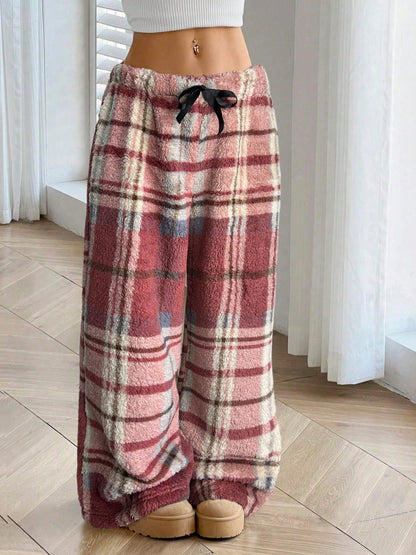Cozy Plaid Wide Leg Sweatpants for Women with Drawstring Waist Plush Fleece Lounge Style