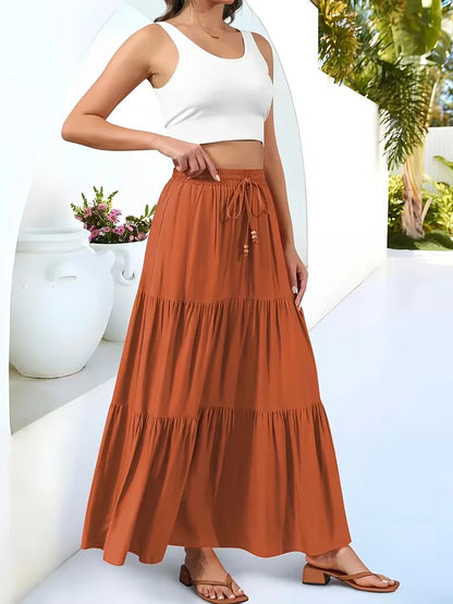 Effortless Tiered Maxi Skirt for Women with Drawstring Waist Ruffle Flowing Bohemian Style