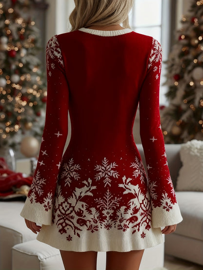 Effortless Snowflake Print Christmas Party Dress for Women with Crew Neck Lantern Sleeve A Line Knit Style