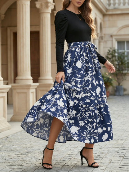 Elegant Blue And Black Dress for Women with Round Neck Long Sleeve Floral Tiered Maxi Flowing Style