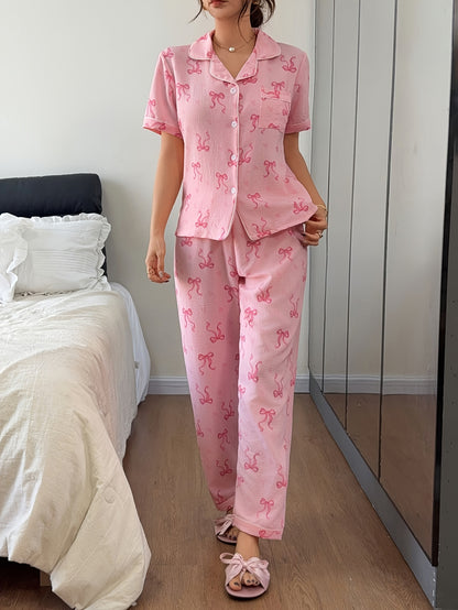 Comfortable Bow Print Pajama Set for Women with Notched Collar Short Sleeve Button Front Two Piece Style