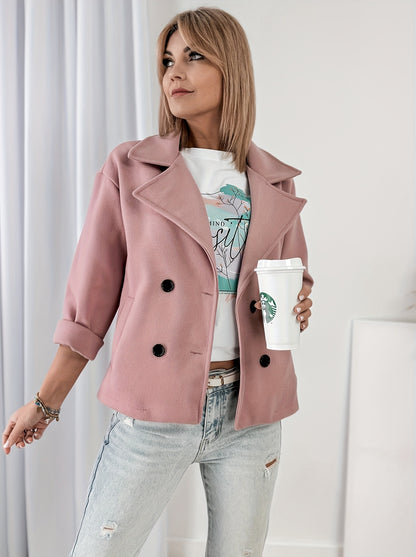 Effortless Pink Pea Coat for Women with Notched Lapel Long Sleeve Double Breasted Cropped Casual Style