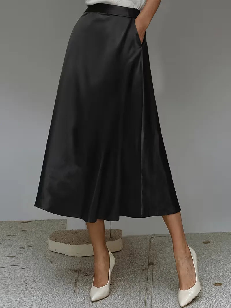 Elegant Satin Midi Skirt for Women with High Waist A Line Pocket Flowing Style