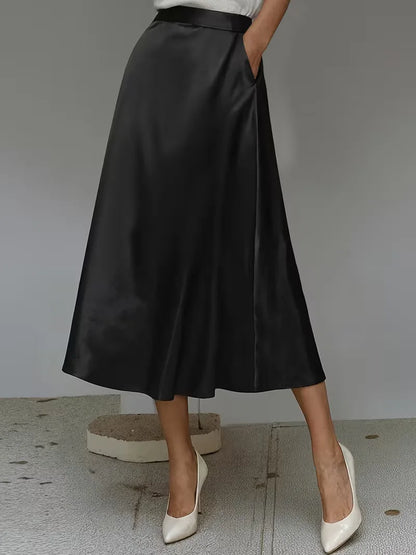 Elegant Satin Midi Skirt for Women with High Waist A Line Pocket Flowing Style