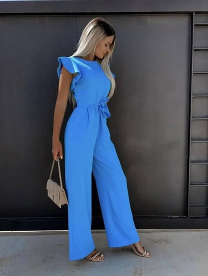 Elegant Ruffle Sleeve Jumpsuit for Women with Round Neck Belted Wide Leg Flowing Style
