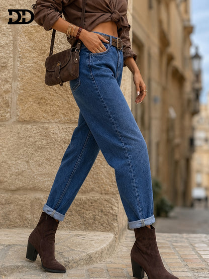 Effortless Deep Blue Relaxed Mom Jeans for Women with High Waist Cuffed Straight Leg