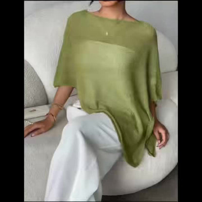 Effortless Poncho Shirt for Women with Boat Neck Asymmetric Hem Sheer Knit Style