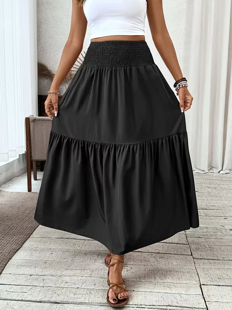 Effortless Tiered Maxi Skirt for Women with High Waist Smocked Flowing Boho Style
