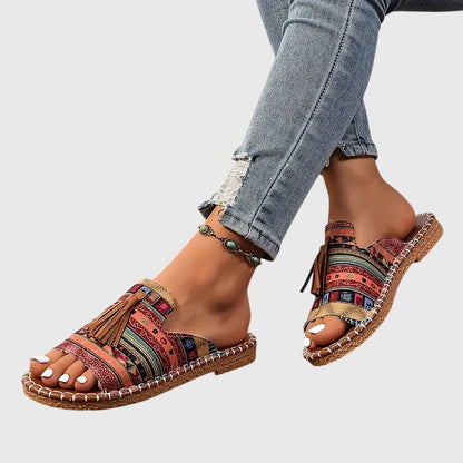Comfortable Orthopedic Sandals for Women with Ethnic Print Tassel Flat Open Toe Slip On Casual Style