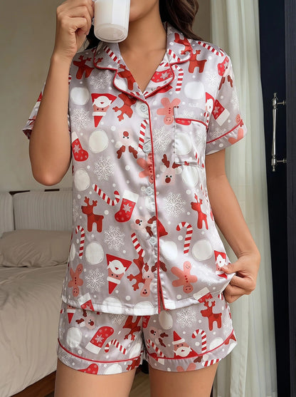 Cozy Gray Satin Christmas Pajamas for Women with Notch Collar Short Sleeve Button Front Two Piece Style