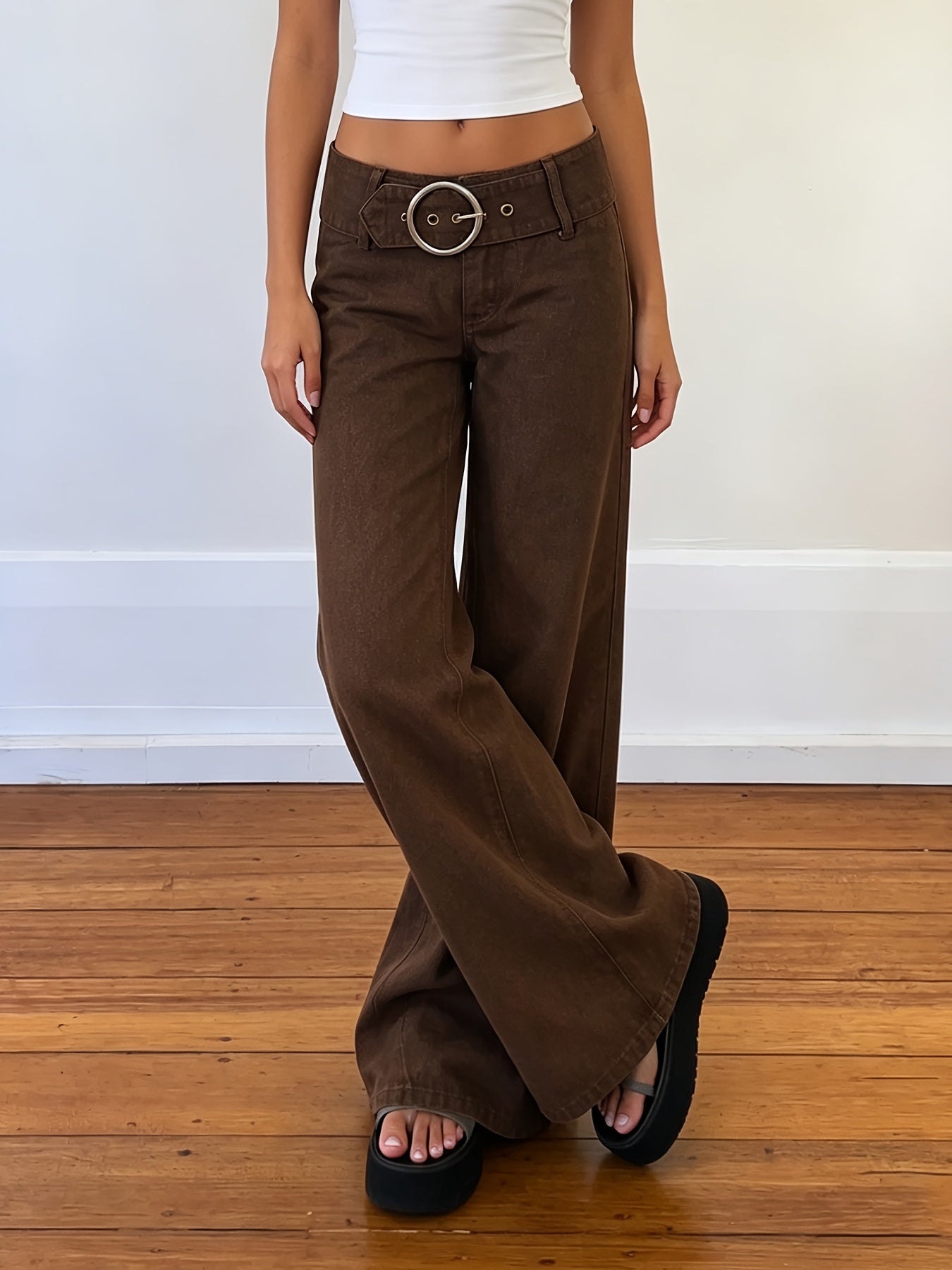 Effortless Dark Brown Buckle Jeans for Women with Low Rise Wide Leg Belted Relaxed Style