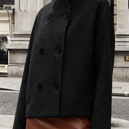 Elegant Wool High Pea Coat for Women with Stand Collar Long Sleeve Double Breasted Cropped Style