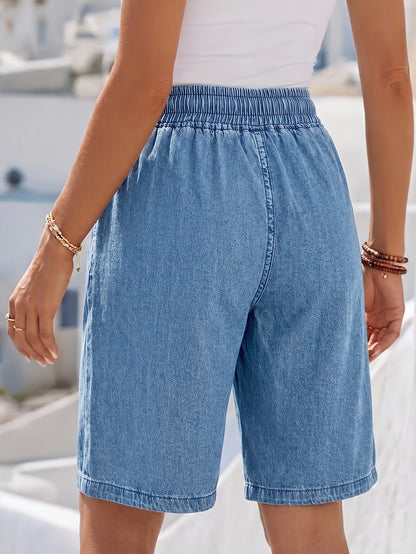 Effortless Light Blue Denim Bermuda Jean Shorts for Women with Elastic Drawstring Waist Wide Leg
