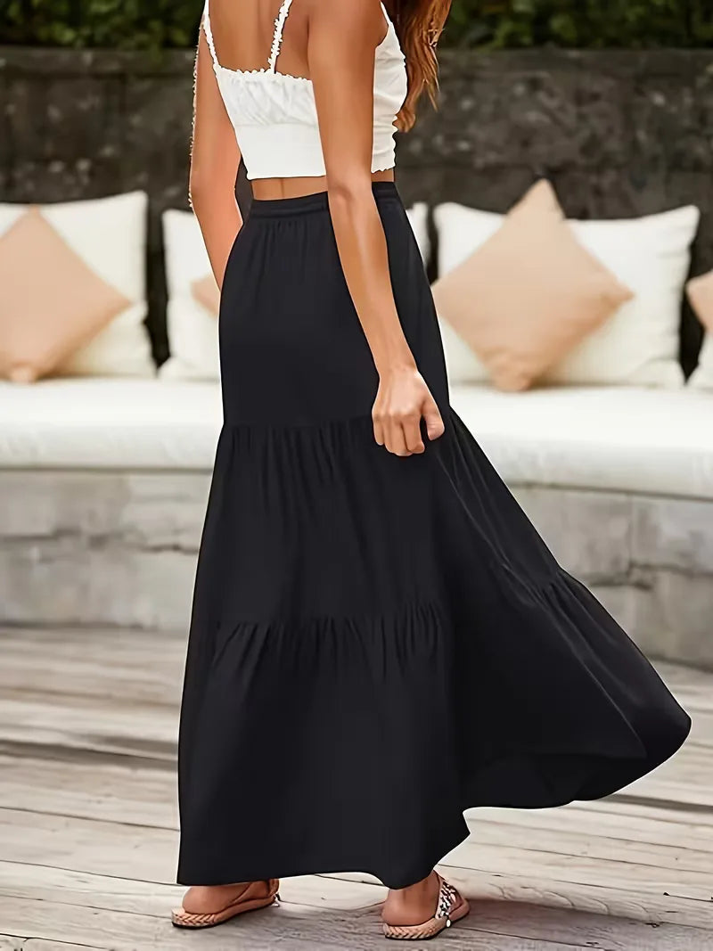 Effortless Tiered Maxi Skirt for Women with Drawstring Waist Ruffle Flowing Bohemian Style