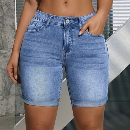 Stylish Blue Denim Shorts for Women with High Waist Stretch Bermuda Button Detail Slim Fit Style