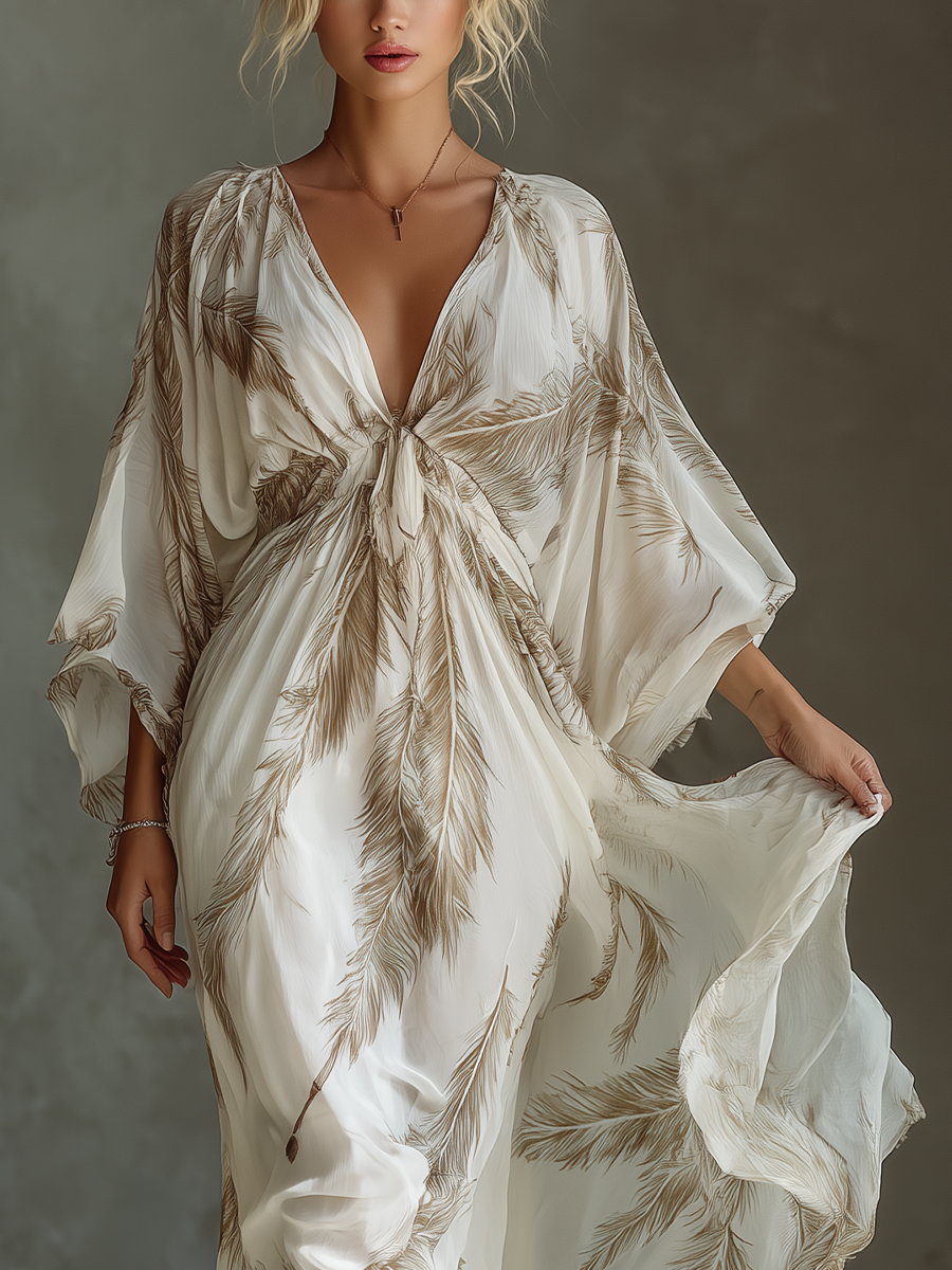 Elegant Ivory Maxi Dress for Women with Palm Leaf Print Dolman Sleeve Twist Front Chiffon Casual Summer Style
