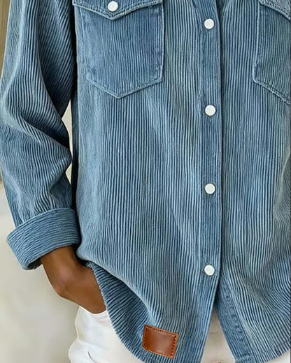 Effortless Corduroy Collar Shirt for Women with Long Sleeve Button Front Chest Pocket Relaxed Style