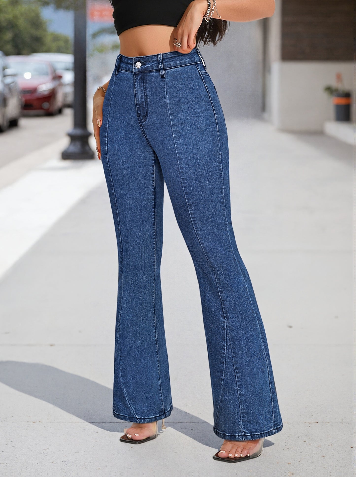Effortless Medium Blue High Waisted Jeans for Women with Flared Leg Button Front Relaxed Casual Style