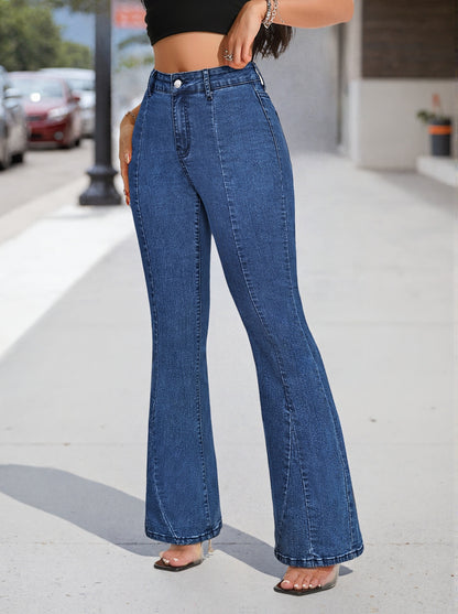 Effortless Medium Blue High Waisted Jeans for Women with Flared Leg Button Front Relaxed Casual Style