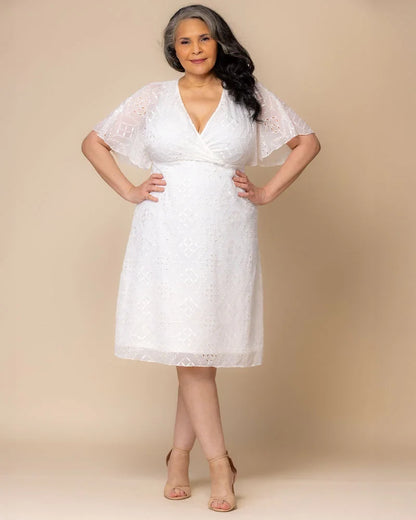 Chic White Cocktail Dress for Women with V Neck Flutter Sleeve Eyelet Fit and Flare Midi Party Style