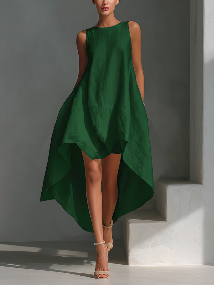 Effortless Linen Midi Dress for Women with Round Neck Asymmetric Hem Sleeveless Flowing Casual Summer Style