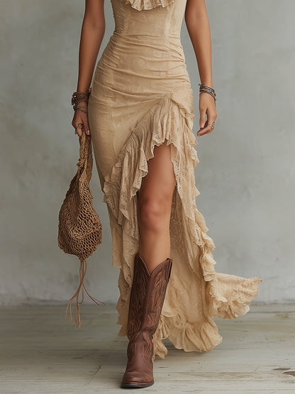 Elegant Beige Corset Maxi Dress for Women with Ruched Thigh High Slit