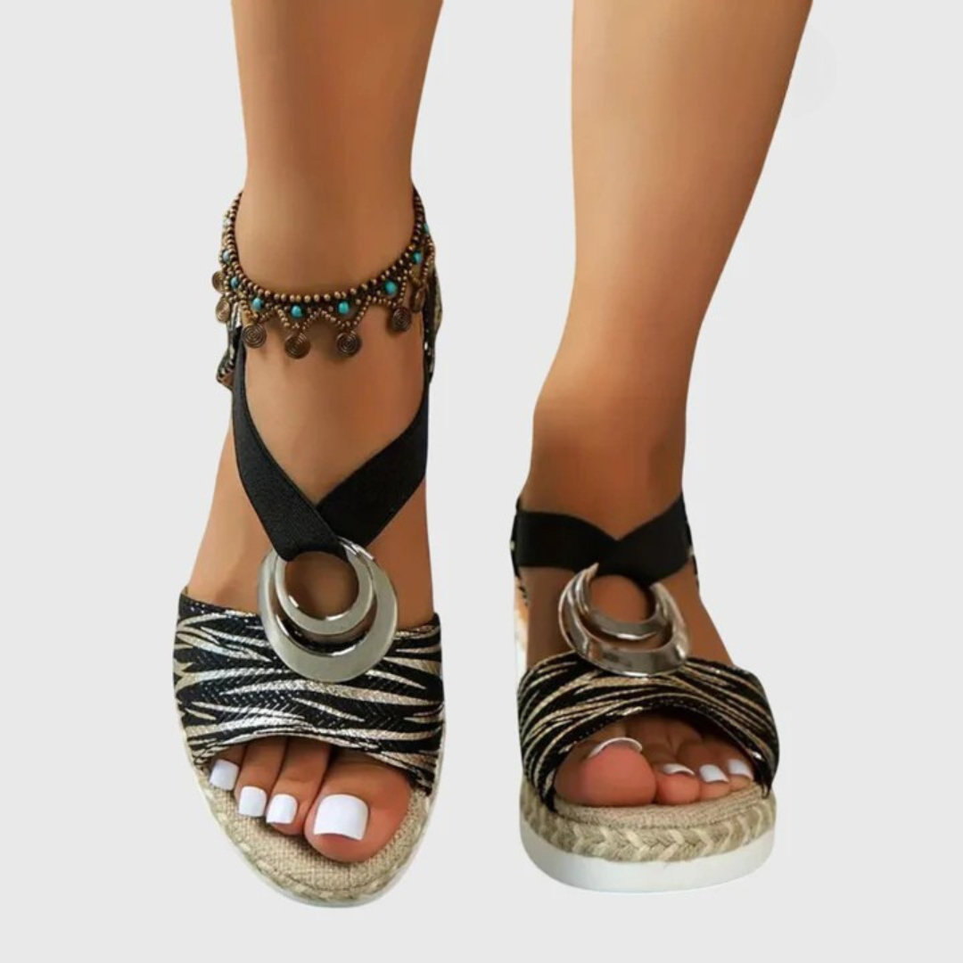 Comfortable Orthopedic Sandals for Women with T-Strap Elastic Band Espadrille Platform Metal Ring Open Toe Style