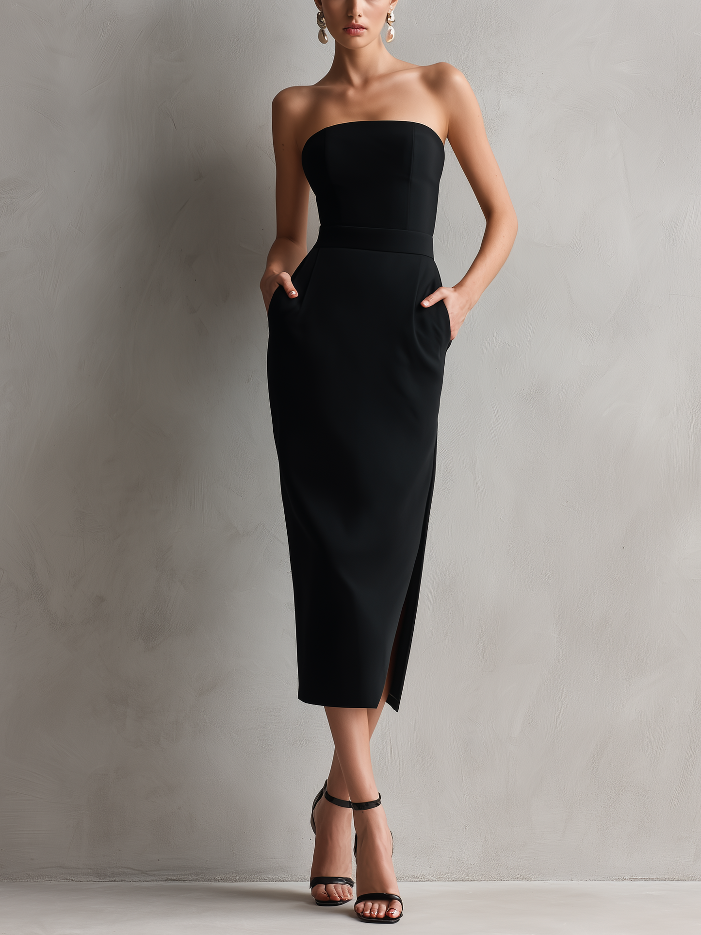 Elegant Black Midi Dress for Women with Strapless Straight Neck Fitted Bodycon Stretch Formal Cocktail Style