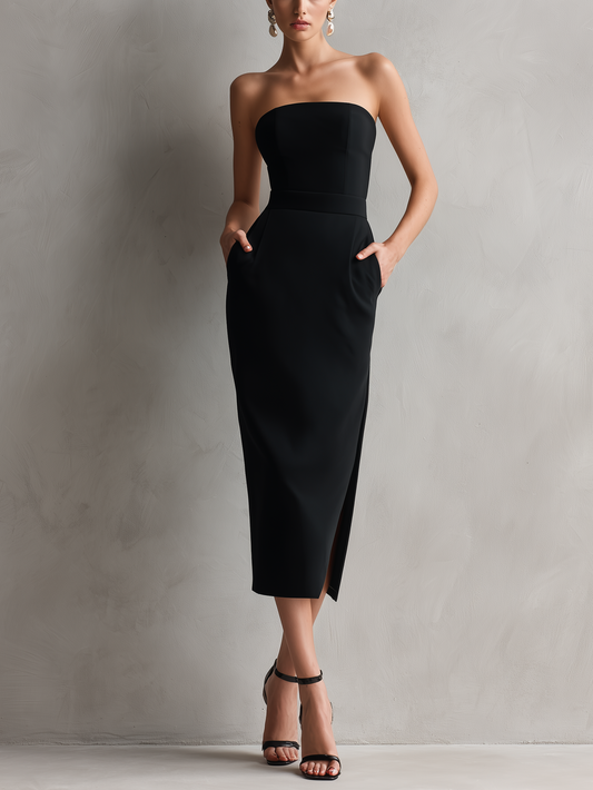 Elegant Black Midi Dress for Women with Strapless Straight Neck Fitted Bodycon Stretch Formal Cocktail Style