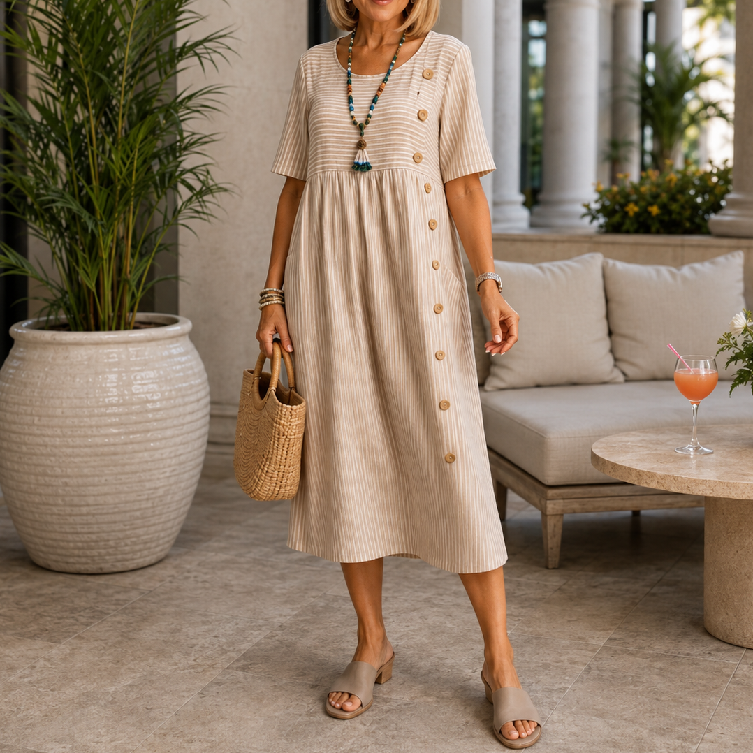 Effortless Striped Linen Midi Dress for Women with Scoop Neck Short Sleeve Button Trim Relaxed Casual Style