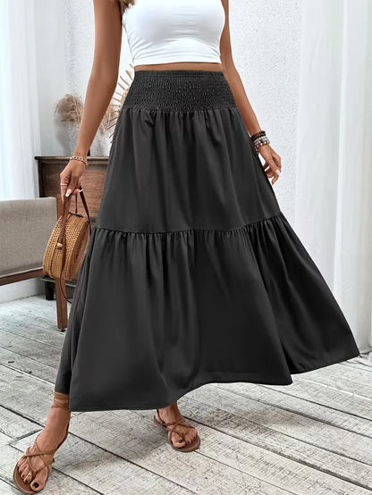 Effortless Tiered Maxi Skirt for Women with High Waist Smocked Flowing Boho Style