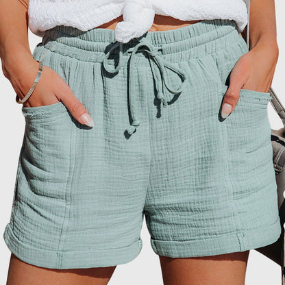 Effortless Khaki Cotton Gauze Shorts for Women with High Waist Drawstring Cuffed Relaxed Casual Style