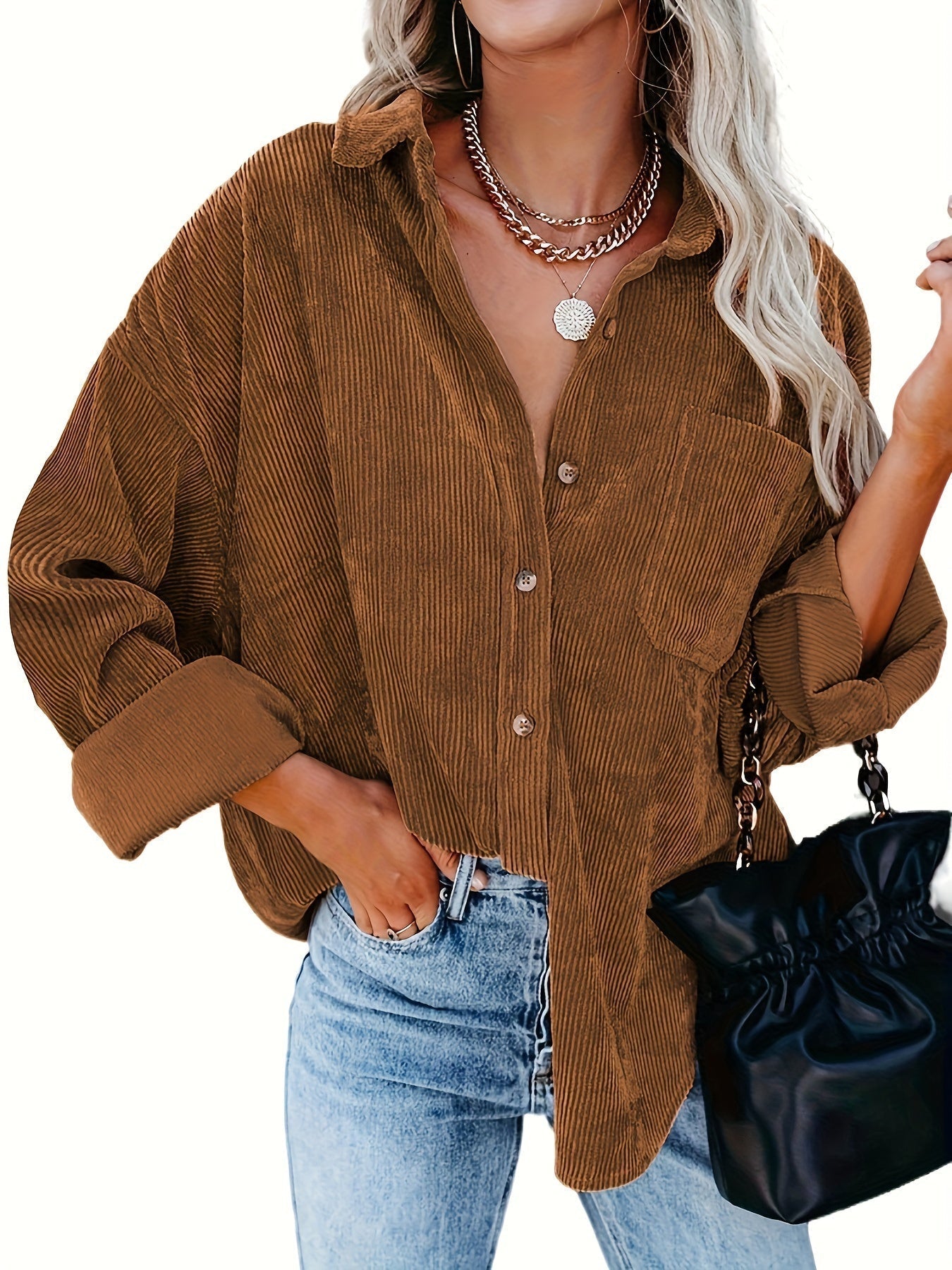 Effortless Corduroy Long Sleeve Shirt for Women with Collar Button Front Oversized Relaxed Casual Style