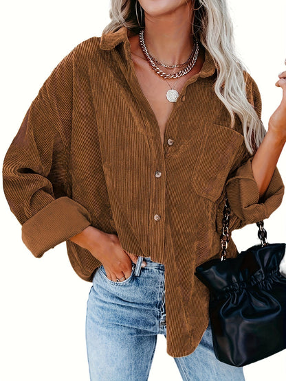Effortless Corduroy Long Sleeve Shirt for Women with Collar Button Front Oversized Relaxed Casual Style