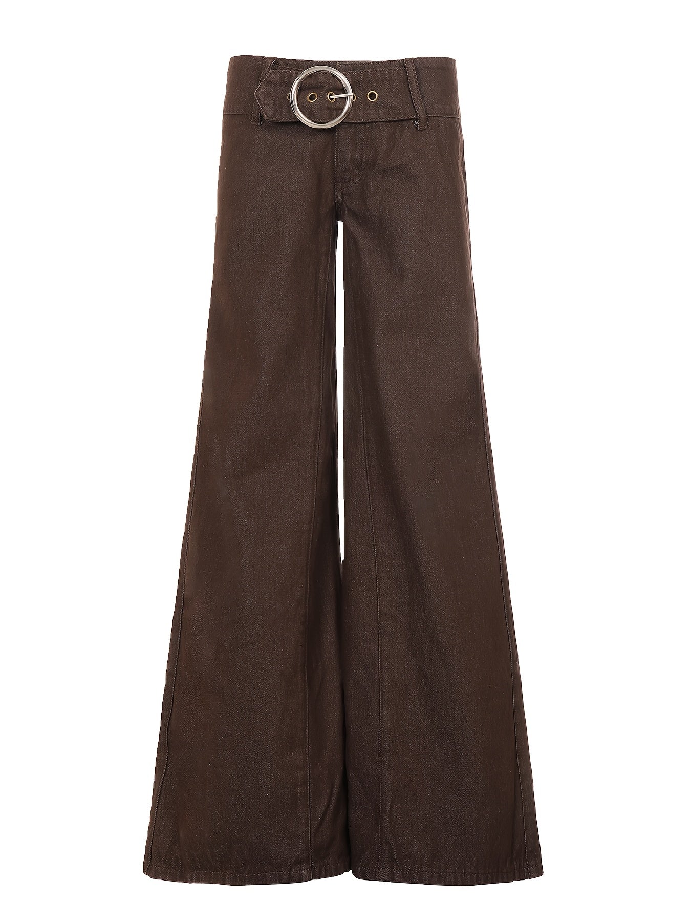Effortless Dark Brown Buckle Jeans for Women with Low Rise Wide Leg Belted Relaxed Style