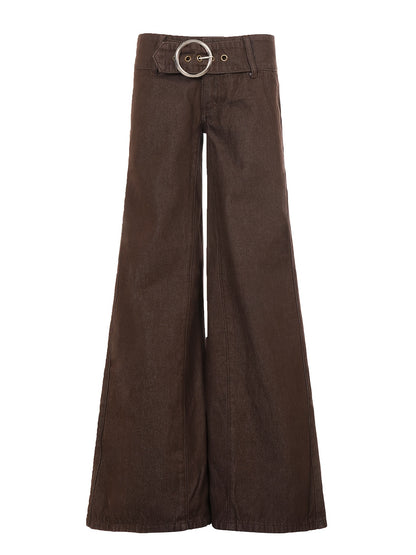 Effortless Dark Brown Buckle Jeans for Women with Low Rise Wide Leg Belted Relaxed Style