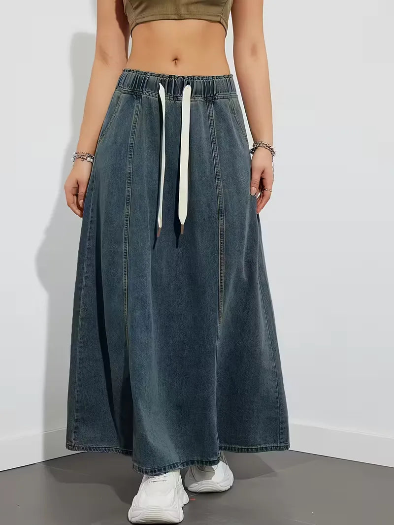 Effortless Denim Skirt for Women with High Waist Drawstring A Line Side Slit Style