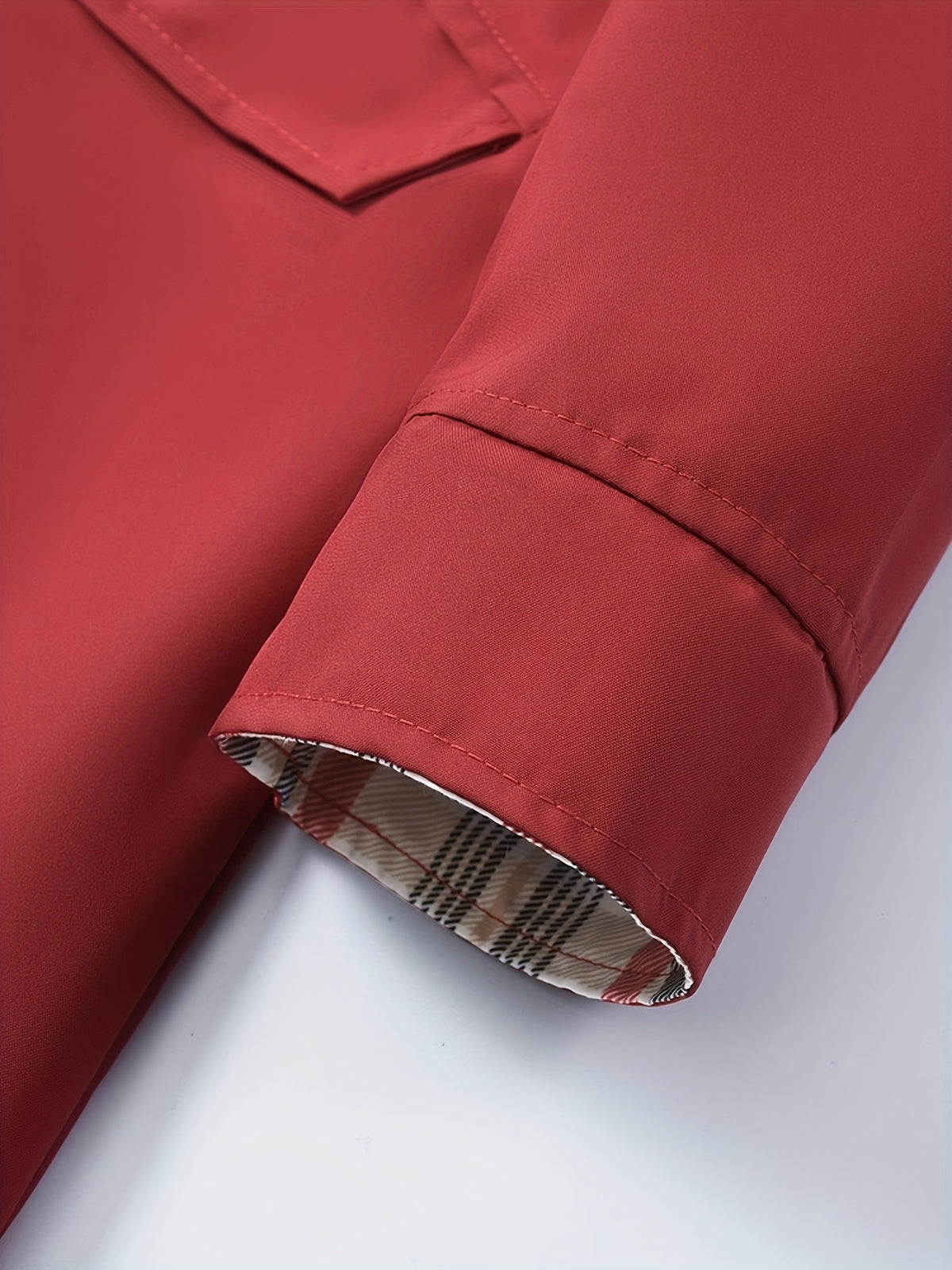 Stylish Red Hooded Rainwear Jacket for Women with Plaid Lining Drawstring Waist Zip Front Outdoor Style