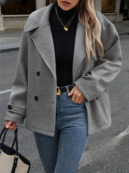 Elegant Dark Gray Wool High Pea Coat for Women with Notched Lapel Long Sleeve Double Breasted Oversized Style