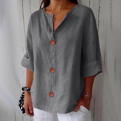 Effortless Linen Button Front Shirt for Women with V Neck Cuffed Sleeve Relaxed Casual Style