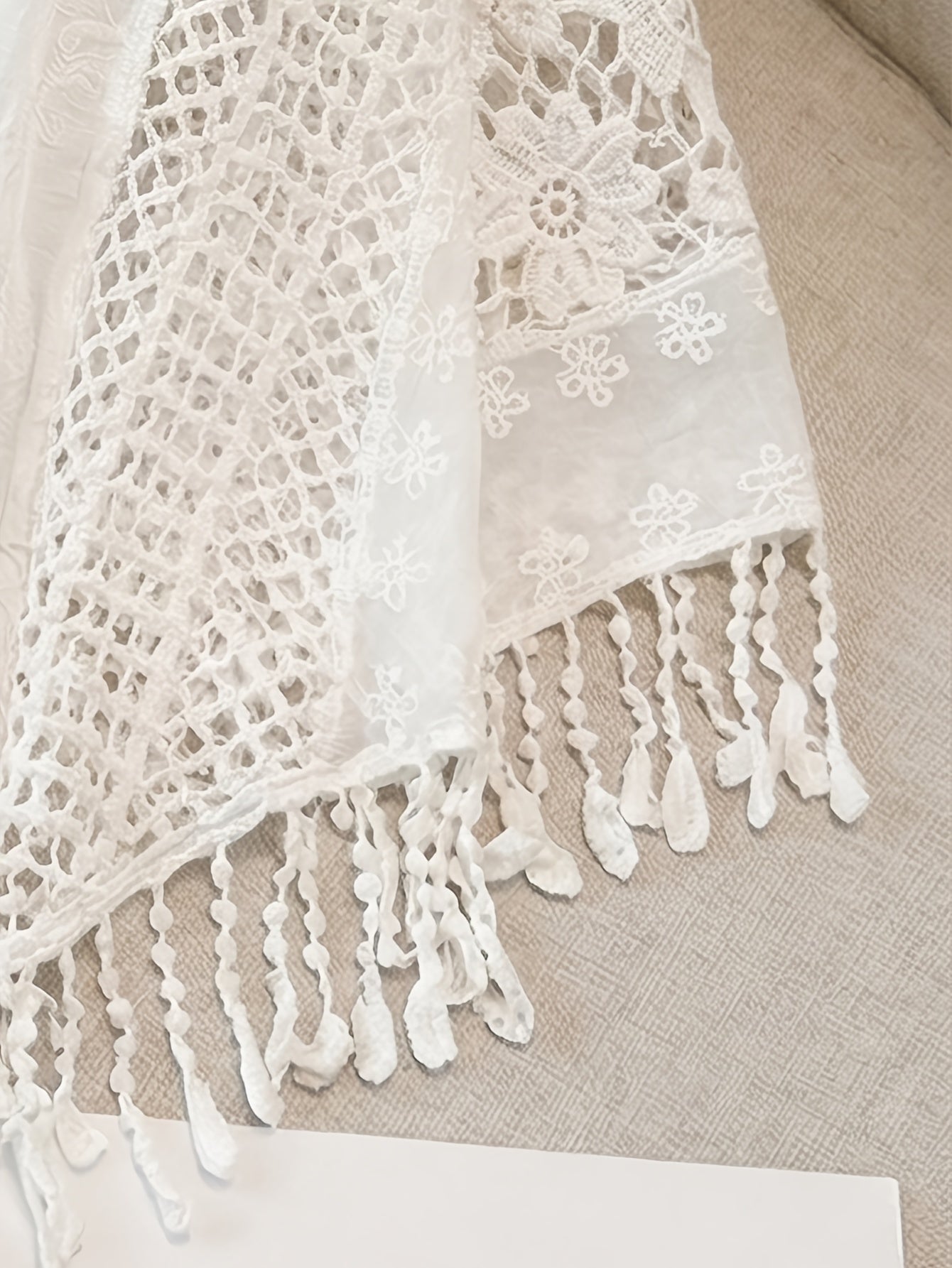 Effortless Cream Poncho Shirt for Women with Crochet Lace Fringe Hem Draped Style